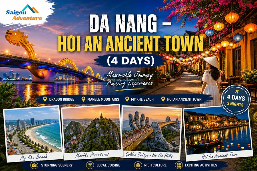 Travelers exploring Da Nang and Hoi An Ancient Town during a 4-day adventure through Vietnam's heritage, beaches, and cultural highlights.