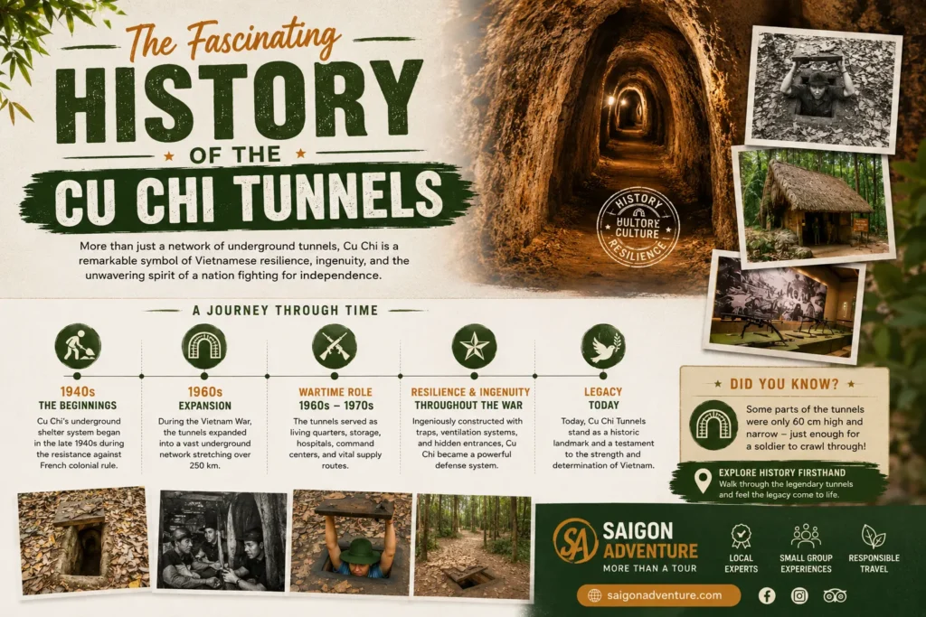 Cu Chi Tunnels tour guide with historic tunnel entrance in the jungle and travel tips icons