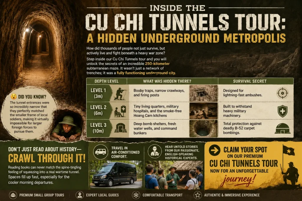 Discover the secrets of the Cu Chi Tunnels on an unforgettable historical adventure near Ho Chi Minh City.