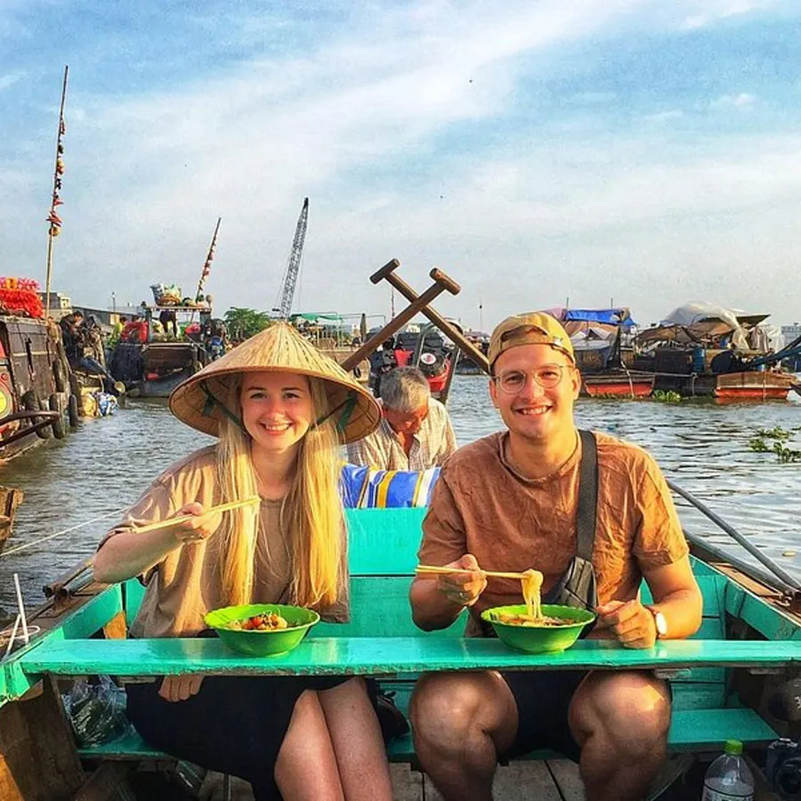 Eating on a boat at Cai Rang floating market is a unique and exciting experience that you should try at least once.