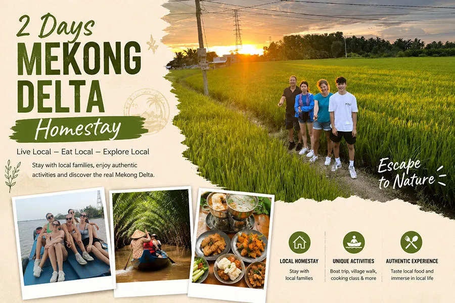 International travelers enjoying a 2 Days Mekong Delta Homestay experience in the Mekong Delta countryside