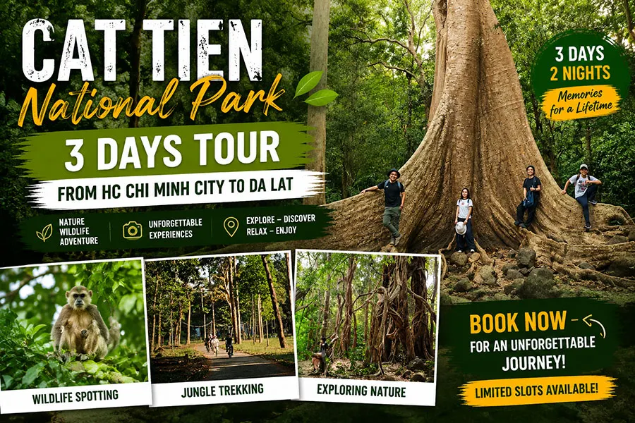 Cat Tien National Park 3 Days Tour From Ho Chi Minh City To Da Lat featuring giant rainforest trees and adventurous traveler