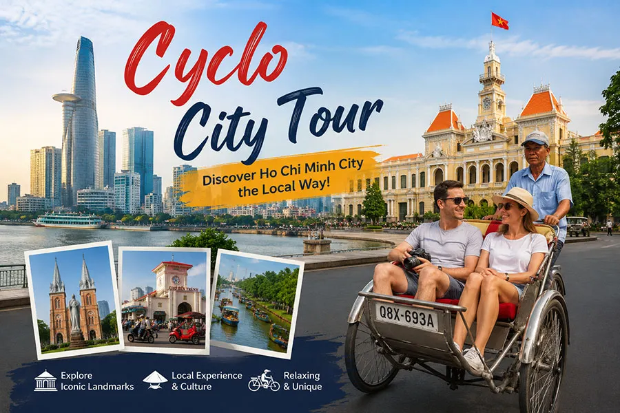 Cyclo City Tour through bustling streets and local neighborhoods in Saigon