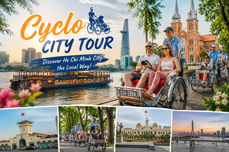 Cyclo City Tour in Ho Chi Minh City with international tourists exploring local landmarks
