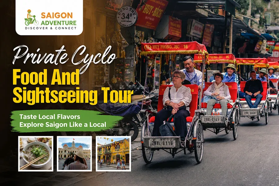 Tourists enjoying a Private Cyclo Food And Sightseeing Tour through historic Saigon streets