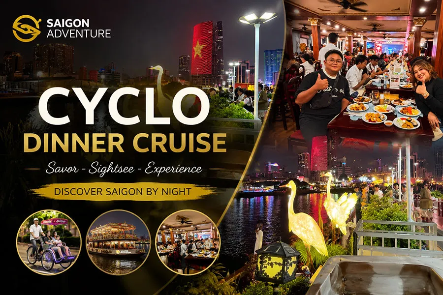 Cyclo Dinner Cruise tour with delicious Vietnamese cuisine and river cruise experience