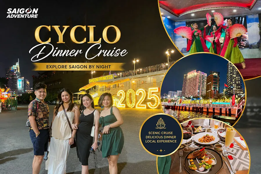 Cyclo Dinner Cruise in Saigon featuring local cuisine, traditional performances, scenic river views, and vibrant nightlife experience
