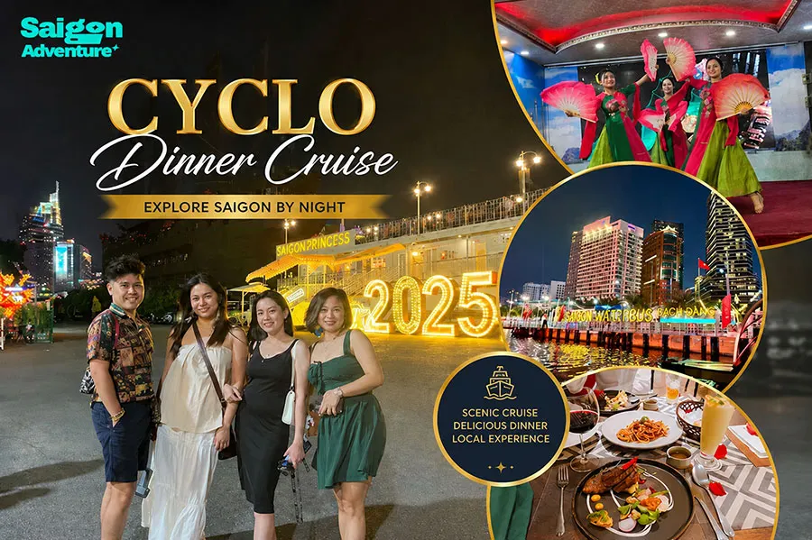 Saigon River Sunset: Best Places and Ways to Experience It 5 Cyclo Dinner Cruise in Saigon featuring local cuisine, traditional performances, scenic river views, and vibrant nightlife experience