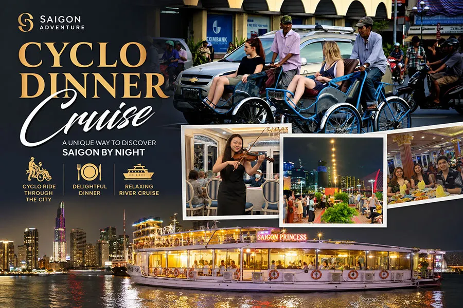 Cyclo Dinner Cruise tour showcasing the vibrant beauty of Saigon at night