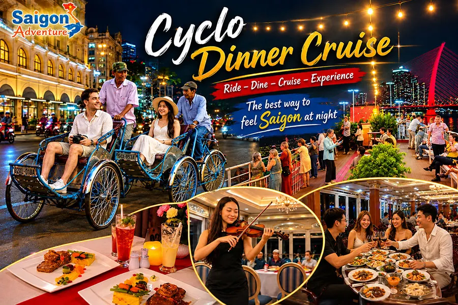 Cyclo Dinner Cruise tour combining culture food and river sightseeing