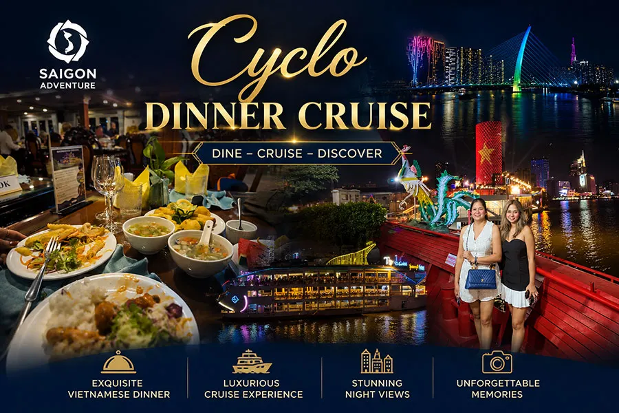Cyclo Dinner Cruise in Saigon featuring tourists, traditional performances, local cuisine and stunning nightlife views – Book your unforgettable experience today