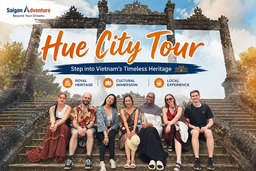 Hue City Tour with international tourists exploring Vietnam's imperial heritage, historic landmarks, and cultural attractions in Hue City