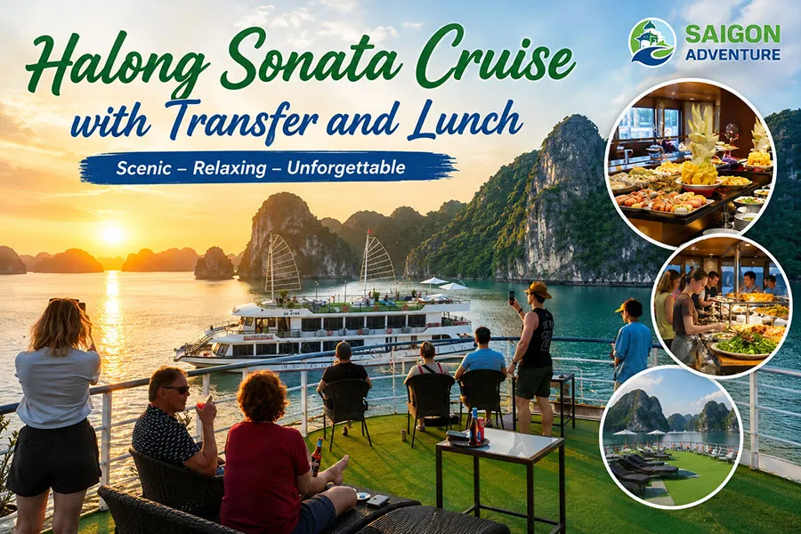 Halong Sonata Cruise with transfer and lunch featuring luxury amenities, stunning sunset, friendly travelers and unforgettable Halong Bay adventure.
