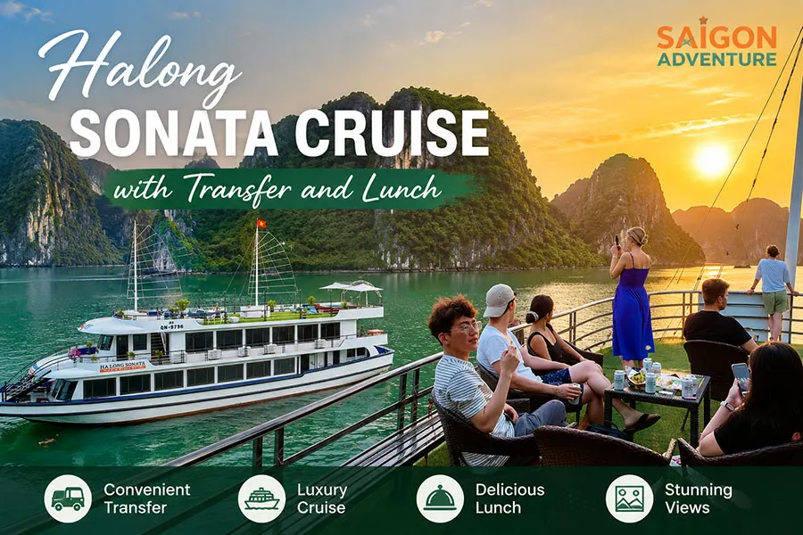Travelers photographing the sunset aboard Halong Sonata Cruise with transfer and lunch during an unforgettable Halong Bay journey.