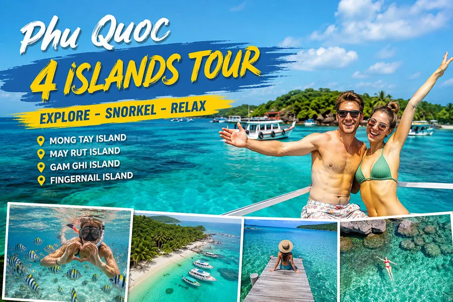 Travelers enjoying the Phu Quoc 4 Islands Tour with snorkeling and beach relaxation
