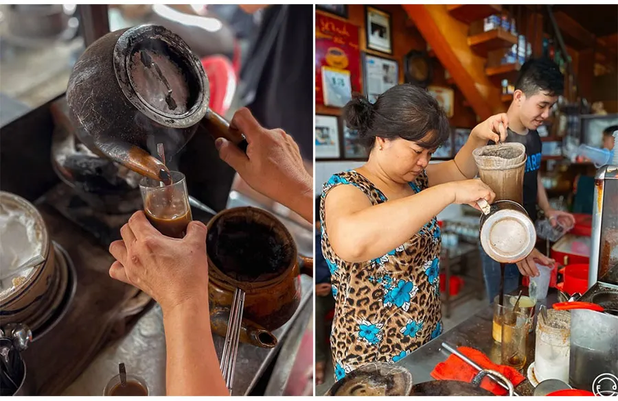 Traditional cloth filter coffee brewing process in Ho Chi Minh City