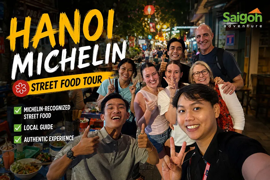 Hanoi Michelin Street Food Tour with international travelers enjoying authentic Vietnamese cuisine