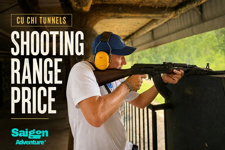 Cu Chi Tunnels Shooting Range Price 2026: Guns, Costs & Tour Guide 2 Tourist experiencing the Cu Chi Tunnels shooting range with an AK-47 during a Saigon Adventure tour