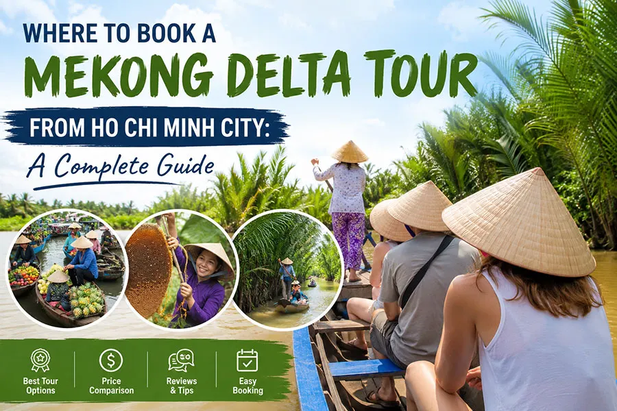 Foreign travelers enjoying a Mekong Delta Tour on traditional boat