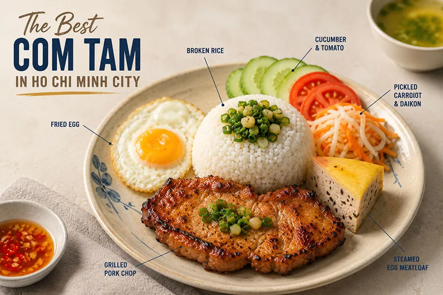 Best Com Tam in Ho Chi Minh City showcasing authentic Vietnamese broken rice with grilled pork chop, fried egg, pickles, and traditional side dishes.