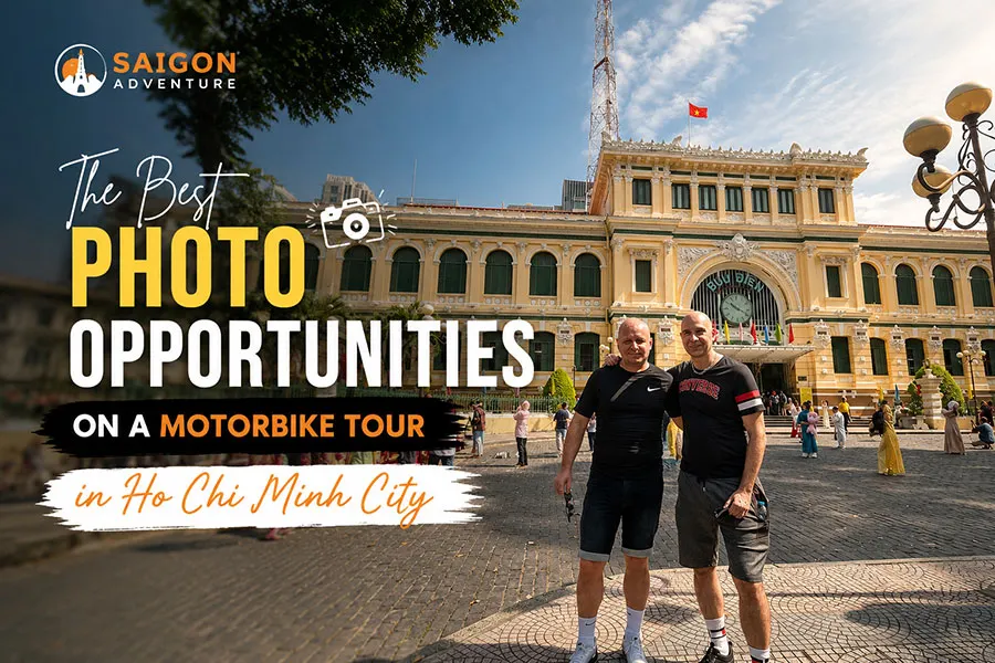 Tourists posing at Saigon Central Post Office during the best photo opportunities on a motorbike tour in Ho Chi Minh City.