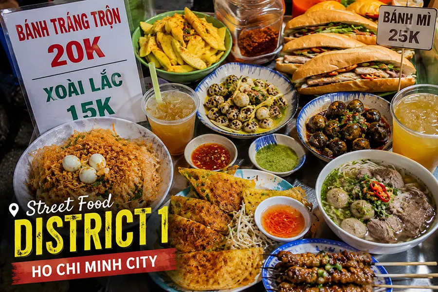 District 1 Ho Chi Minh City street food guide featuring famous Vietnamese dishes, bustling markets, authentic flavors, and unforgettable culinary experiences.