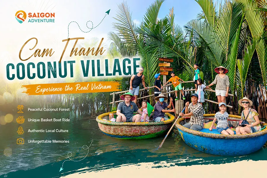 Cam Thanh Coconut Village basket boat experience with tourists in Hoi An, Vietnam