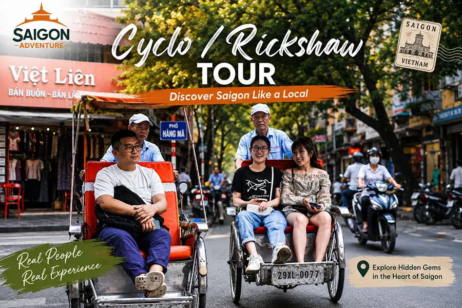 Best Cyclo Rickshaw Tour in Vietnam with happy travelers exploring iconic city landmarks and authentic local street life.