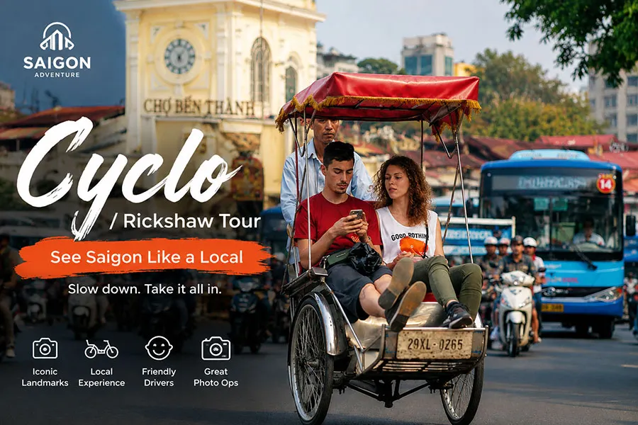 Authentic Cyclo Rickshaw Tour in Ho Chi Minh City featuring friendly local drivers, happy travelers, and vibrant urban street scenery.