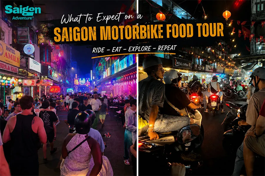 Tourists exploring Ho Chi Minh City nightlife on a Saigon motorbike food tour with Saigon Adventure