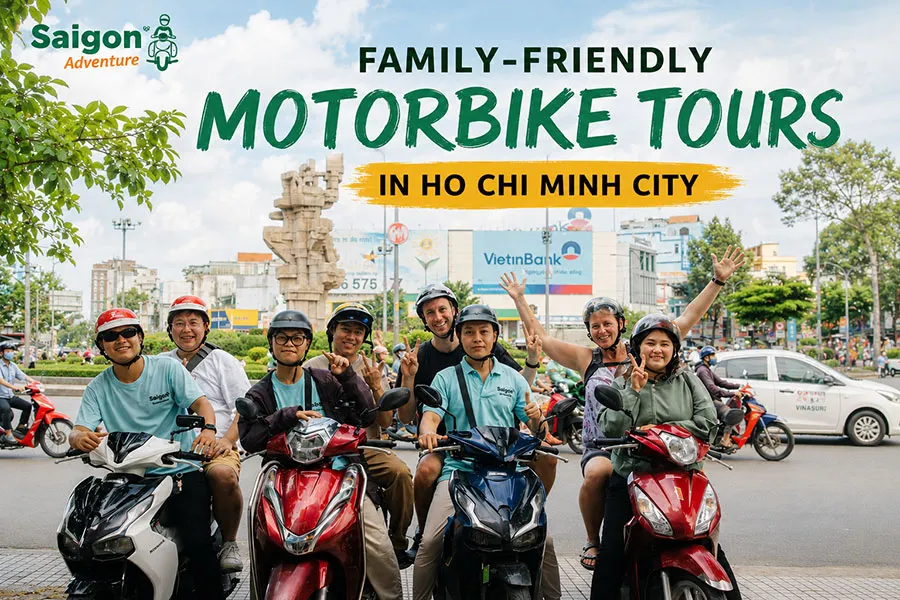 Travelers enjoying a safe family-friendly scooter tour through Ho Chi Minh City's vibrant neighborhoods