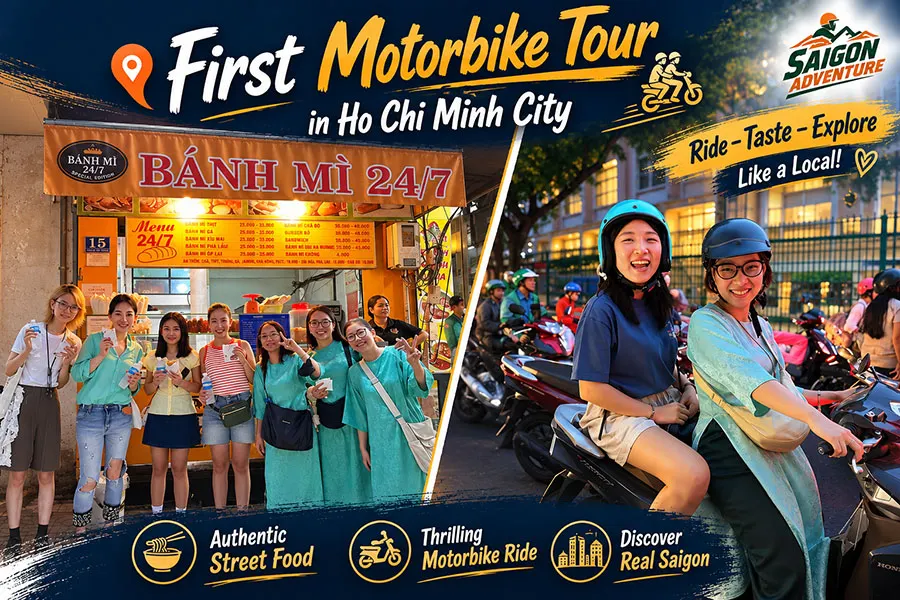 First-time visitors enjoying a Saigon motorbike food adventure