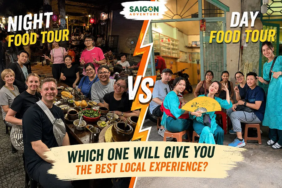 Day and night food tours in Saigon, where international visitors enjoy an authentic local culinary experience with Saigon Adventure.