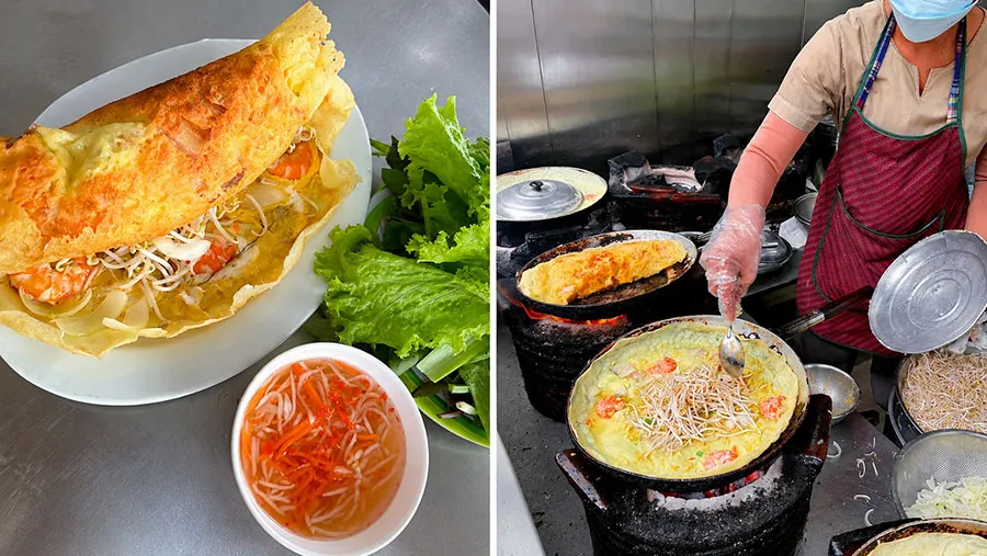 Tourists enjoying authentic Vietnamese banh xeo on a Michelin Street Food Tour in Ho Chi Minh City