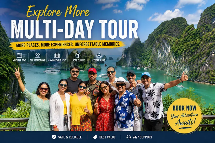 Travelers discovering the beauty of Ha Long Bay on a multi-day Vietnam tour with Saigon Adventure
