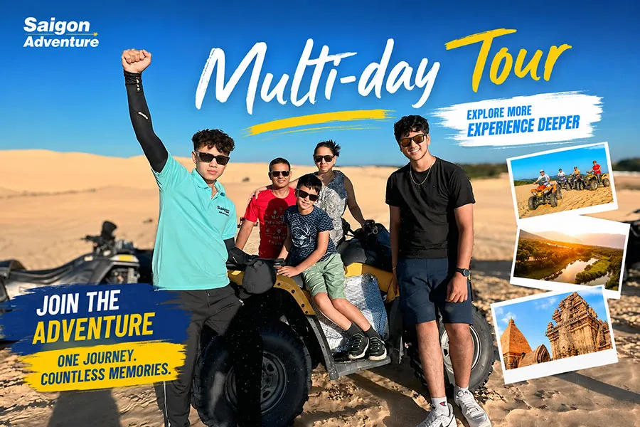 Travelers enjoying an exciting multi-day tour with Saigon Adventure, riding ATVs across stunning sand dunes and discovering unforgettable destinations in Vietnam.