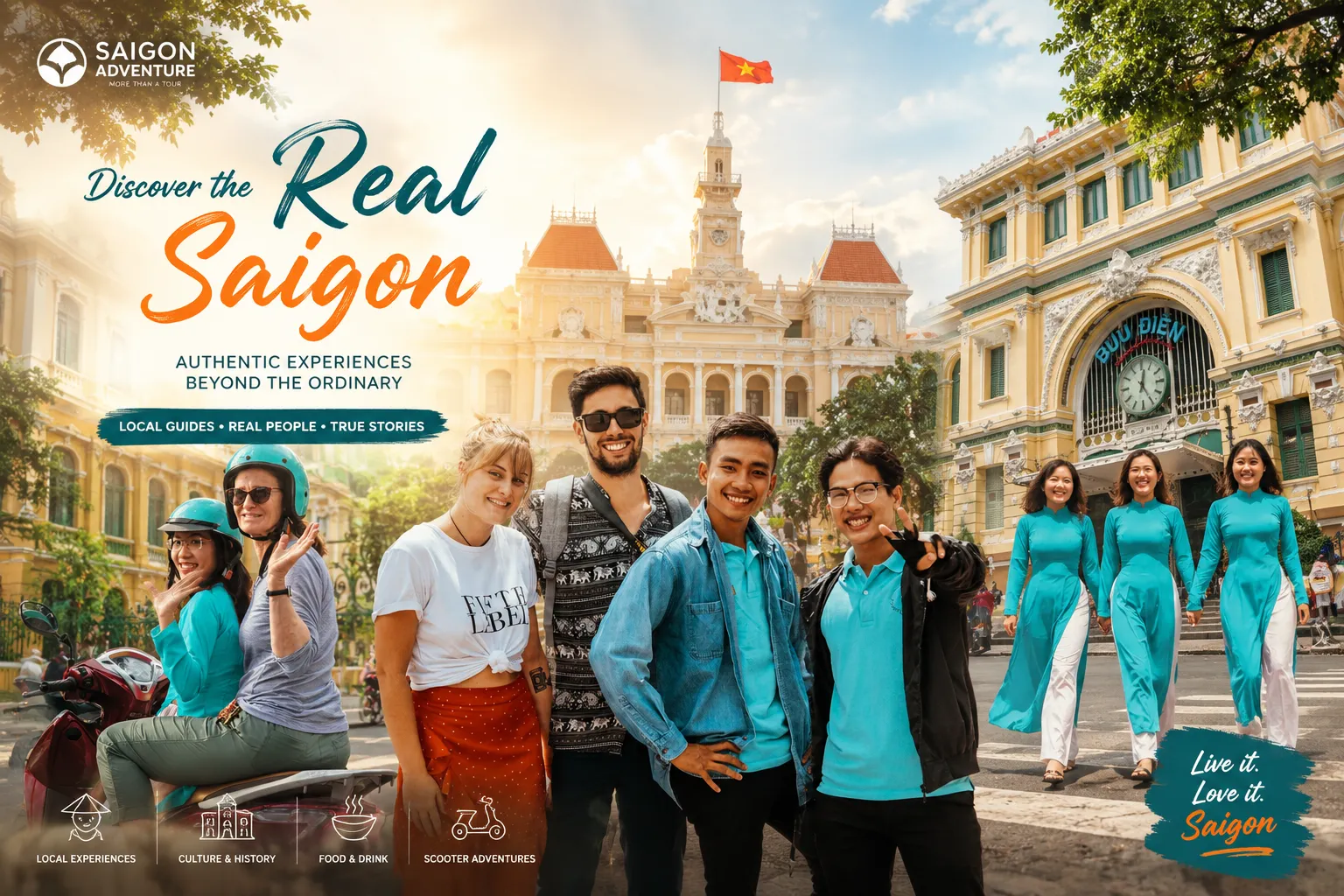 Tourists visiting Notre-Dame Cathedral and Saigon Central Post Office, iconic French colonial landmarks in District 1 Ho Chi Minh City
