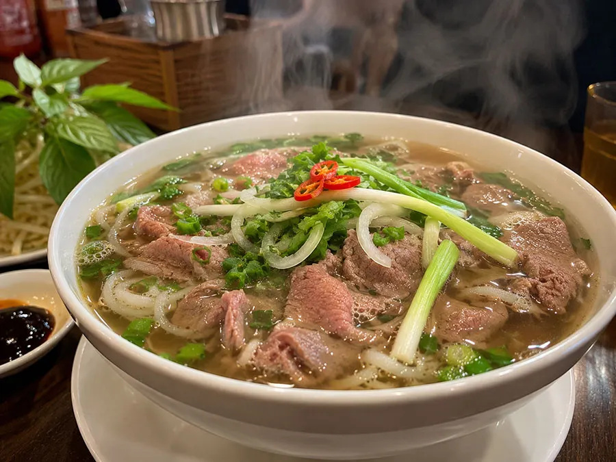Enjoying a steaming bowl of Vietnamese pho on a rainy day keeps you warm and energized throughout the tour.