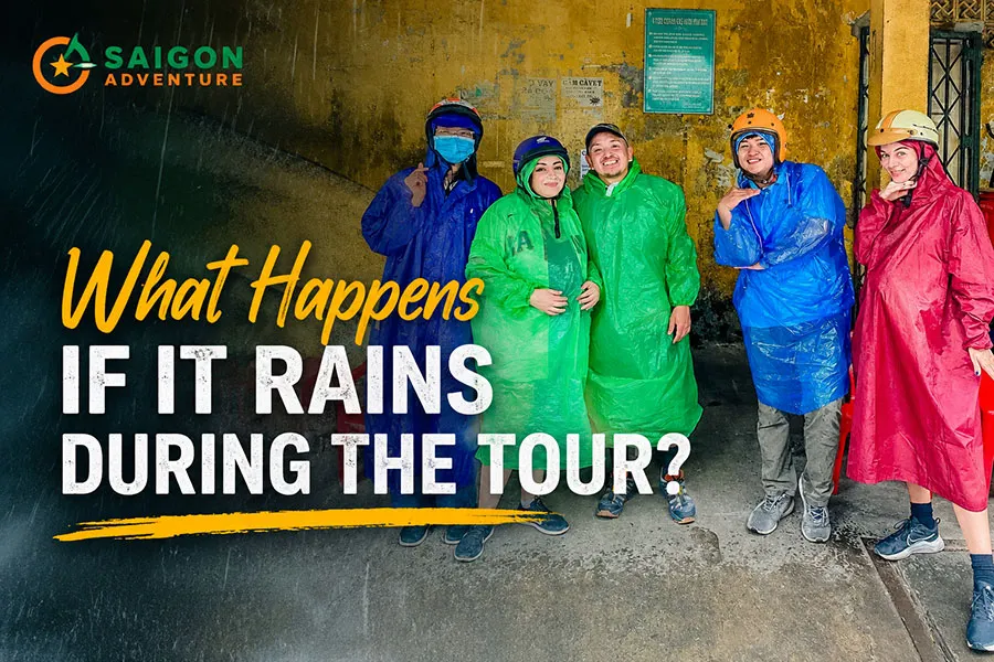 Travelers enjoying a Saigon motorbike tour in the rain with colorful rain ponchos