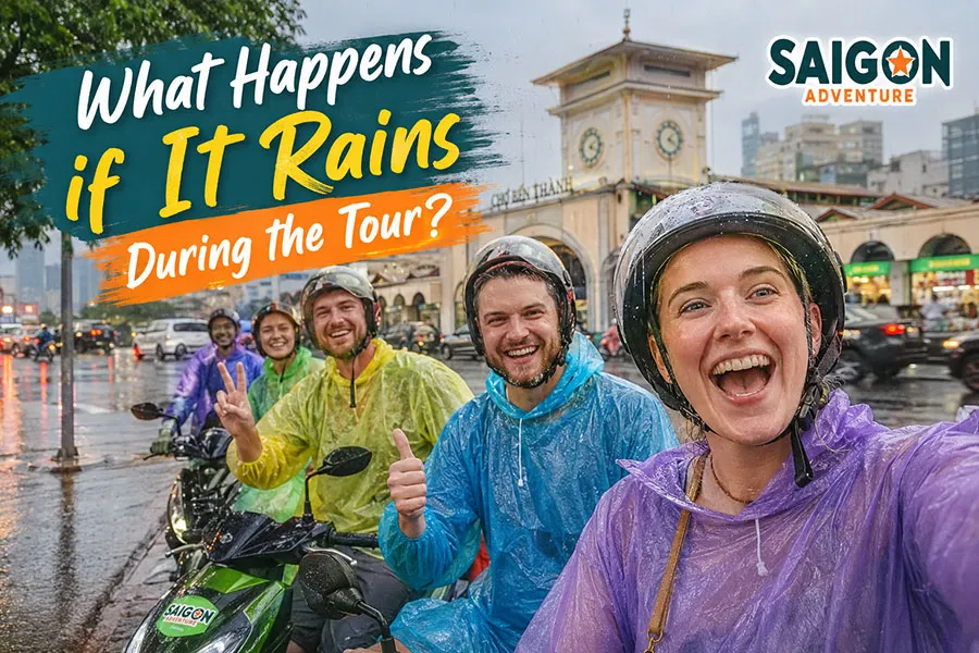 Happy travelers exploring Ho Chi Minh City in the rain with authentic local experiences.
