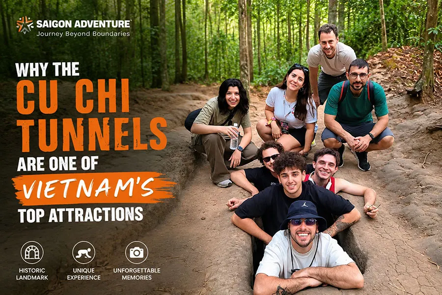 Why the Cu Chi Tunnels Are One of Vietnam’s Top Attractions – international tourists exploring the historic Cu Chi Tunnels with Saigon Adventure in Ho Chi Minh City.