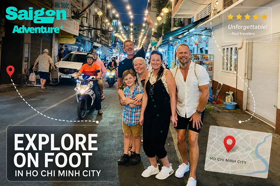 7 Best Neighborhoods to Explore on Foot in Ho Chi Minh City 1 Tourists exploring Ho Chi Minh City on foot with Saigon Adventure local guides