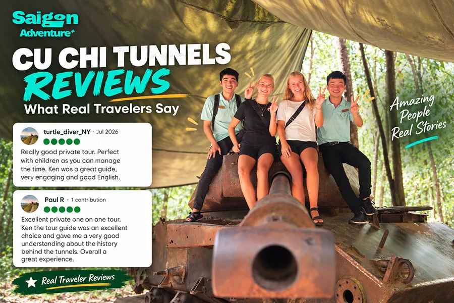Cu Chi Tunnels Reviews 2026: What Real Travelers Say 5 Cu Chi private tour review image with real people, customer testimonials and Saigon Adventure branding