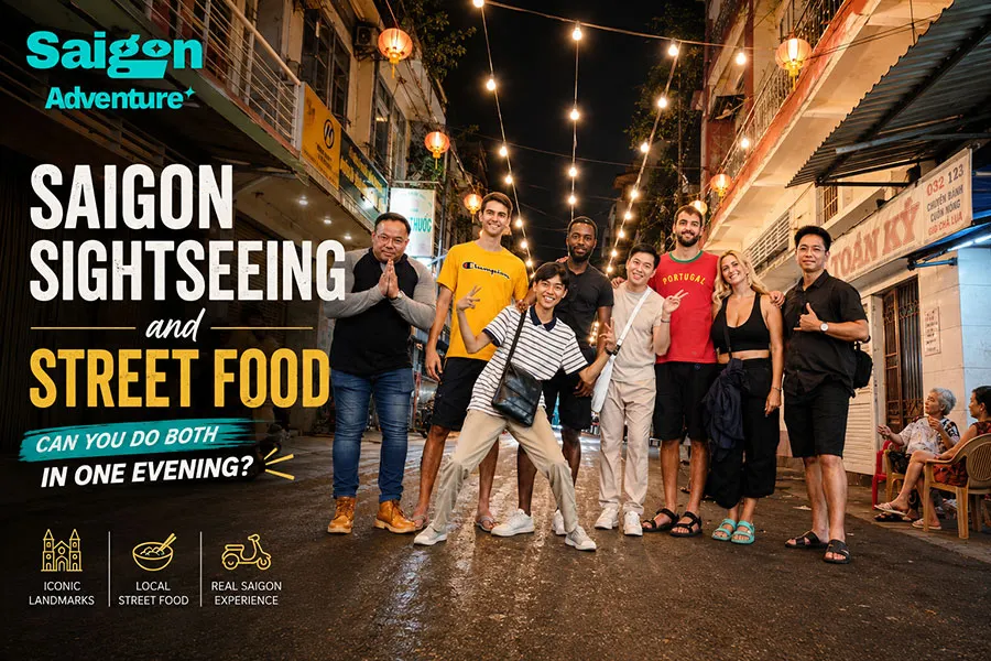 Can You Combine Saigon Sightseeing with a Street Food Tour in One Evening? 1 Travelers enjoying a Saigon sightseeing and street food tour through a lively local neighborhood at night