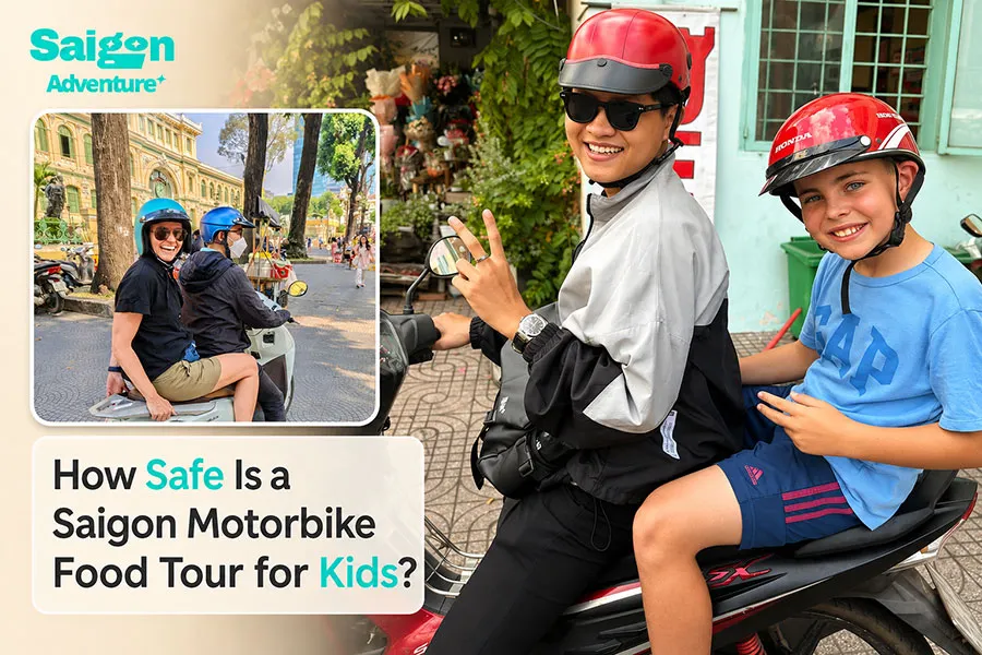 Saigon Motorbike Food Tour for Families with Kids 4 Adults and children receive properly fitted helmets for a safer Saigon Adventure motorbike food tour.