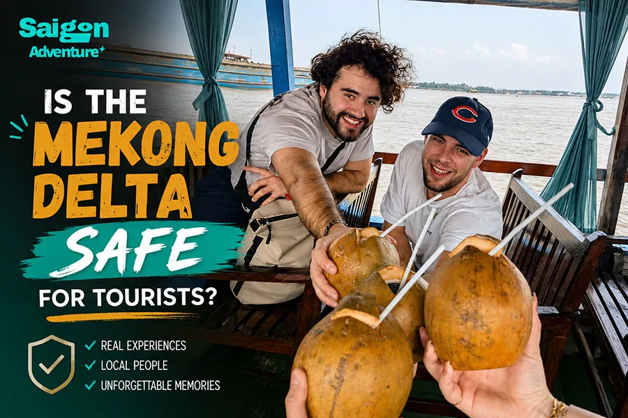 Is the Mekong Delta Safe for Tourists? A Practical Safety Guide 4 International tourists enjoying fresh coconut water, a tropical specialty of the Mekong Delta