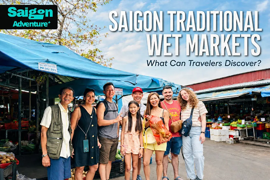 What Can Travelers Discover in Saigon’s Traditional Wet Markets? 2 Smiling travelers experiencing the vibrant atmosphere of a Saigon wet market