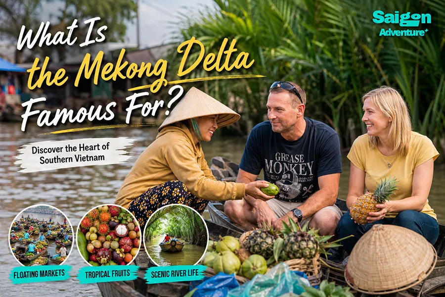 What Is the Mekong Delta Famous For? 10 Experiences You Shouldn’t Miss 1 Tourists discovering floating markets, tropical fruits and scenic river life in the Mekong Delta, Vietnam