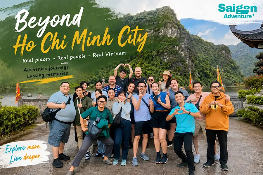 Beyond Ho Chi Minh City tour with international travelers exploring authentic Vietnam, hidden destinations, scenic landscapes, and local cultural experiences with Saigon Adventure