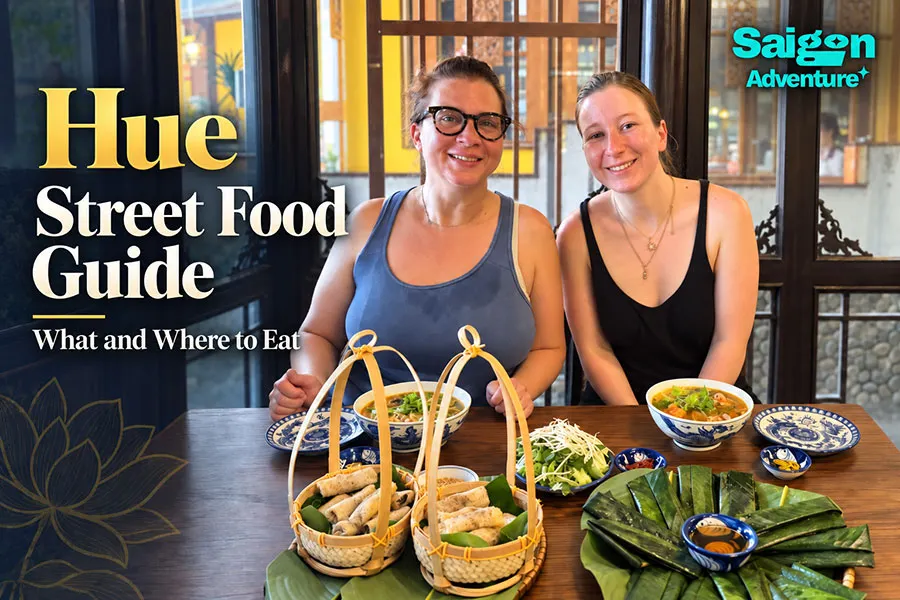 Hue Street Food Guide: What and Where to Eat in the Imperial City 1 Travelers tasting bún bò Huế and local specialties during a Hue food tour